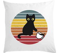 Oreiller humoristique avec motif chat détruisant une tasse - 40 x 40 cm - Avec rembourrage blanc