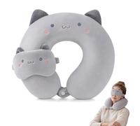 Oreiller Voyage Chat Gris U Coussin Confortable Cache-Yeux Avion Bureau | Microfibres Douces Légères Respirantes Forme U Soutien Nuque Repos Maison Travail Détente Cadeau Original