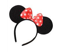 Oreilles de Minnie noires sur serre-tête avec nœud à pois blancs et rouges