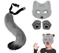 Oreilles Et Queue En Fourrure,Costume De Déguisement En Fourrure Pour Tout-Petits | Déguisement Loup Réaliste Kit avec Gants pour Adulte et Enfant Fête Masquée Cosplay Halloween