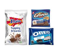 OREO DAIM GRANOLA - Lot de 1 Sachet de Brisures de Biscuits Oreo 400g, 1 Sachet de Brisures Daim 1kg et 1 Sachet de Brisures de Cookies Granola 400g - Lot de 1,8 kg