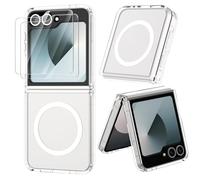 ORETECH Coque Magnétique pour Samsung Z Flip 6/Z Flip 7 FE avec 2 Verre Trempé, Compatible avec Mag-Safe, Antichoc Rigide PC Arrière Côtés Souple Coque pour Z Flip 7 FE/Z Flip 6 Case,Transparent