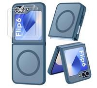 ORETECH Coque Magnétique pour Samsung Z Flip 6/Z Flip 7 FE Compatible avec Mag-Safe, avec 2 Verre Trempé, Antichoc Rigide Translucide Mat Arrière Coque pour Z Flip 7 FE/Z Flip 6, Bleu Marine