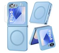 ORETECH Coque Magnétique pour Samsung Z Flip 6/Z Flip 7 FE Compatible avec Mag-Safe, avec 2 Verre Trempé, Antichoc Rigide Translucide Mat Arrière Coque pour Z Flip 7 FE/Z Flip 6, Bleu Sierra