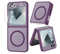 ORETECH Coque Magnétique pour Samsung Z Flip 6/Z Flip 7 FE Compatible avec Mag-Safe, avec 2 Verre Trempé, Antichoc Rigide Translucide Mat Arrière Coque pour Z Flip 7 FE/Z Flip 6, Violet Foncé