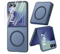 ORETECH Coque Magnétique pour Samsung Z Flip 7 Compatible avec Mag-Safe, avec 2 Verre Trempé, Antichoc Rigide Translucide Mat Arrière Coque pour Samsung Galaxy Z Flip 7, Bleu Marine