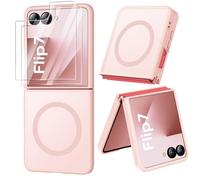 ORETECH Coque Magnétique pour Samsung Z Flip 7 Compatible avec Mag-Safe, avec 2 Verre Trempé, Antichoc Rigide Translucide Mat Arrière Coque pour Samsung Galaxy Z Flip 7, Rose Clair