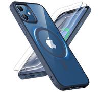 ORETECH Coque pour iPhone 12/12 Pro avec 2 Verre Trempé Protection écran, Etui Transparente Arrière Anti Rayures Antichoc Coque Magnétique pour iPhone 12 Compatible avec Mag-Safe 6.1" Bleu Marine