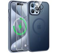 ORETECH Coque pour iPhone 15 Pro Max avec 2 Verre Trempé et 1 Caméra Protecteur, Etui Translucide Mat Arrière Housse Antichoc Coque Magnétique pour iPhone 15 Pro Max Case 6.7" Bleu Marine