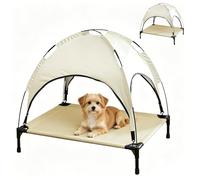 OREZAUQS Lit de Camp Chien Surélevé, Respirant & Stable, Auvent Anti-UV, Facile à Assembler, Jardin/Camping, Intérieur/Extérieur (Beige,XL)