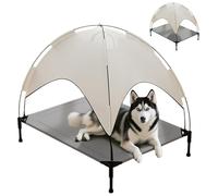 OREZAUQS Lit de Camp Chien Surélevé, Respirant & Stable, Auvent Anti-UV, Facile à Assembler, Jardin/Camping, Intérieur/Extérieur (Gris-Blanc,XL)