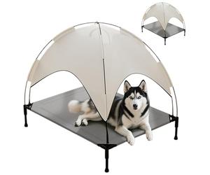 OREZAUQS Lit de Camp Chien Surélevé, Respirant & Stable, Auvent Anti-UV, Facile à Assembler, Jardin/Camping, Intérieur/Extérieur (Gris-Blanc,L)