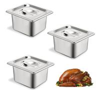 ORFCP Lot de 3 récipients en acier inoxydable 1/6 avec couvercle, Récipients de conservation au chaud, récipient gastronorme alimentaire en inoxydable, résistant à la chaleur, 17,5 x 16,2 x 10 cm