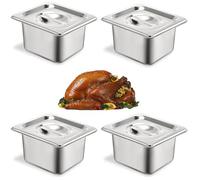 ORFCP Lot de 4 récipients en acier inoxydable 1/6 avec couvercle, Récipients de conservation au chaud, récipient gastronorme alimentaire en inoxydable, résistant à la chaleur, 17,5 x 16,2 x 10 cm