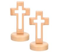 ORFOFE 2 Pièces Croix de Prière en Bois, Design Creux, avec Base | Ornement Religieux pour Église et Maison, Finition Veinée Kaki, Pièce de Table, Décoration Intérieure