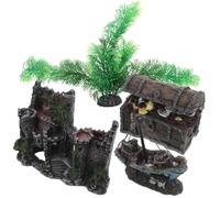 ORFOFE 4 Pièces Décor Aquarium Château Ancien et Épave, Résine Plastique | Ensemble Réaliste pour Aquarium, Coffre au Trésor, Plantes Artificielles, Entretien Facile, Couleur Solide