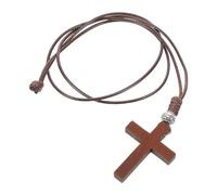 ORFOFE Collier Pendentif Croix en Bois Naturel Tissé Main Perle Chanceuse, Longueur Réglable, Bijou Spirituel pour Femmes, Présent Baptême et Communion, Marron Clair, Petit Modèle