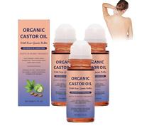 Organic Castor Oil with Rose Quartz Roller, 100% Pure Organic Castor Oil Roll On, Natural Ingredients for All Sikn Types (3PCS)