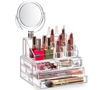 Organisateur cosmétique transparent avec miroir - Organisez facilement les cosmétiques, les bijoux et les accessoires pour cheveux. Aspect élégant assis sur votre coiffeuse, comptoir de salle de bain