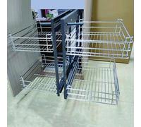 Organisateur d'angle coulissant avec plateau à fermeture douce et 2 niveaux pour le rangement de la cuisine. Panier d'angle pour meuble bas, solution gain de place pour une cuisine bien organisée.