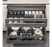 Organisateur d'armoire coulissant, tiroir d'armoire coulissant en acier inoxydable pour casseroles, bols, ustensiles de cuisine avec ustensiles de cuisine réglables et bac à e,Gray-575*420*150mm
