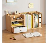 Organisateur De Bibliothèque De Bureau En Bois À 2 Niveaux, Étagère De Rangement De Bureau Ouverte Avec Tiroirs, Pour Bureaux D'ordinateur, Coiffeuse, Présentoir(Natural,56*17*25cm/22*7*10in)