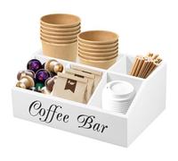 Organisateur de boîte de rangement en bois avec 5 compartiments, 32 × 21 × 13,2 cm, accessoire pour accessoires de café et de thé pour sachets de thé, douilles, sirop, tasses et agitateurs (blanc)