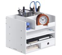 Navaris Organisateur de bureau - Boîte de rangement 33 x 24 x 26 cm en bambou avec 1x tiroir et compartiments - Organiseur fourniture de bureau