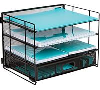 Organisateur de Bureau en Maille - Trieur à 4 Niveaux avec Tiroir Coulissant pour Ranger Fournitures, Dossiers, Stylos, Factures à la Maison et au Bureau (3 Corbeilles et 1 Tiroir)