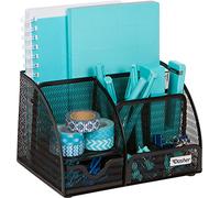 Organisateur de Bureau et Accessoires - Trieur de bureau en maille noire à 6 compartiments avec tiroir coulissant. Pour ranger stylos, crayons, blocs-notes, agrafeuses, bloc-notes, trombones