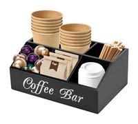 Organisateur de café en bois avec 5 compartiments - 32 × 21 × 13,2 cm - Organiseur de bar à café en bois pour sachets de thé, capsules de café, agitateurs, pailles, tasses (noir)