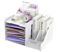 Bac à courrier A4 à 4 niveaux avec plateau de classement empilable, organiseur de papier de bureau avec porte-stylo (blanc)