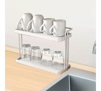 Organisateur de Cuisine pour Plan de Travail, 2 étages Support de Rangement pour Tasse de Bar à Café, Égouttoir à Tasses à 2 Niveaux avec Plateau de Drainage, pour Bureau et Comptoir - Blanc