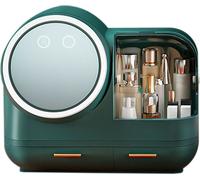 Organisateur de maquillage Boîte à cosmétiques avec lumière LED Recharge USB Miroir HD,Porte-rouge à lèvres Boîte de rangement pour bijoux Vert