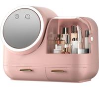 Organisateur de maquillage Boîte à cosmétiques avec lumière LED Recharge USB Miroir HD,Porte-rouge à lèvres Boîte de rangement pour bijoux Rose