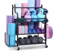 VEVOR Support pour Tapis de Yoga 3 Niveaux, Organisateur de Matériels d'Entraînement en Acier avec Revêtement en Poudre, Chariot de Rangement Sportif avec Crochets, pour Haltères, Kettlebell, Gym