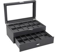 Organisateur De Montre, Porte-montre, Boîte à Montres, Fibre De Carbone, Cuir Pu, 2 Couches, 24 Grilles, Montre, Boîte De Rangement Avec Tiroir, Porte-bijoux Verrouillable, Vitrin, Noir, 34*21*15cm