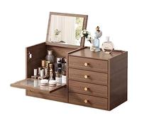 Organisateur de soins de la peau, Organisateur de maquillage en bois avec 4 tiroirs et miroir intégré, boîte de rangement robuste en bois massif for maquillage, accessoires, bijoux et plus encore, org