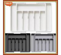 Organisateur de tiroir à couverts en plastique amélioré et réglable, plateau de rangement divisé, support gain de place pour couteaux, cuillères et vaisselle de cuisine AVS-WHITE