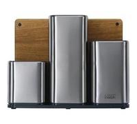 Joseph Joseph Counterstore Porte-ustensiles cuisine, Lot de 3 Pot à ustensiles et couteaux avec planche à découper en bois, Organisateur sur Plan à Poser, Acier inoxydable