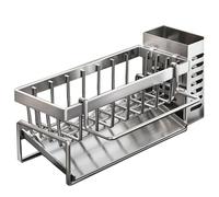 Organisateur Evier Cuisine, Égouttoir d'évier de cuisine avec Plateau de Drainage, Range Eponge Evier Cuisine INOX, étagère à épices pour Vaisselle Brosse Savon Silver belt rod + chopstick holder