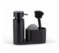 Organisateur évier Cuisine Noir | Porte éponge et Distributeur Liquide Vaisselle au Style Contemporain avec Brosse INOX et éponge Anti-Rayures | Élégance Mate pour Cuisine Moderne et raffinée