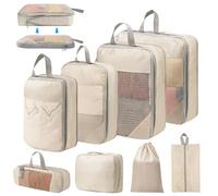 Organisateur Valise, Lot de 8 Organiseurs de Bagage pour Voyage, Organisateur de Voyage Sac de Compression Voyage, Packing Cubes Compression pour Les Vêtements, Chaussures et Cosmétiques (Beige)