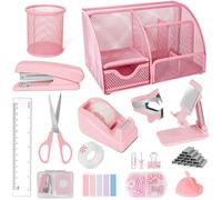 Organisateurs de bureau roses et accessoires, fournitures de bureau en maille, distributeur de ruban, agrafeuse, ruban adhésif, support de téléphone, 1000 agrafes, extracteur d'agrafes, porte-stylo,