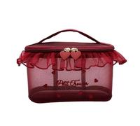 Organisateurs de maquillage adaptés aux voyages avec sections en maille transparente et compartiments de rangement fonctionnels pour voyage en forme de cœur brodé, Grande rouge., Beauté de masse