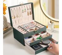 Organiseur à bijoux à 3 niveaux avec plateau de rangement à bijoux à 2 tiroirs, grandes boîtes à bijoux pour femme avec organisateur de boucles d'oreilles en velours, boîtes à bijoux verrouillables,