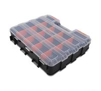 Organiseur à outils en plastique robuste avec trente séparateurs réglables, design double face avec couvercle transparent, double loquet sécurisé pour un transport en toute sécurité, couleur noire et