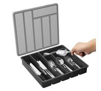 Organiseur d'argenterie avec couvercle - Plateau de rangement pour argenterie - 6 compartiments pour cuillères, fourchettes, couteaux, couverts et couverts