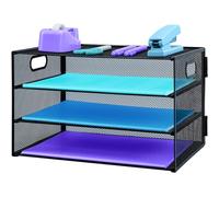 Organiseur de Bureau 3 Niveaux Poignée, Maille Extractible - Rangement Fichiers A4, Accessoire Bureau Maison Noir