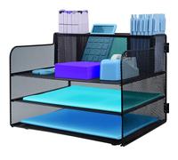 Organiseur de bureau à 3 niveaux avec poignée et porte-crayon, organiseur de fichiers en maille extractible pour bureau - Organiseur de bureau en maille pour documents A4, noir